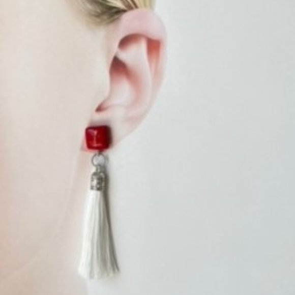 Red and White Tassel Earrings - Handmade with Paper Mache - Picture 2 of 3